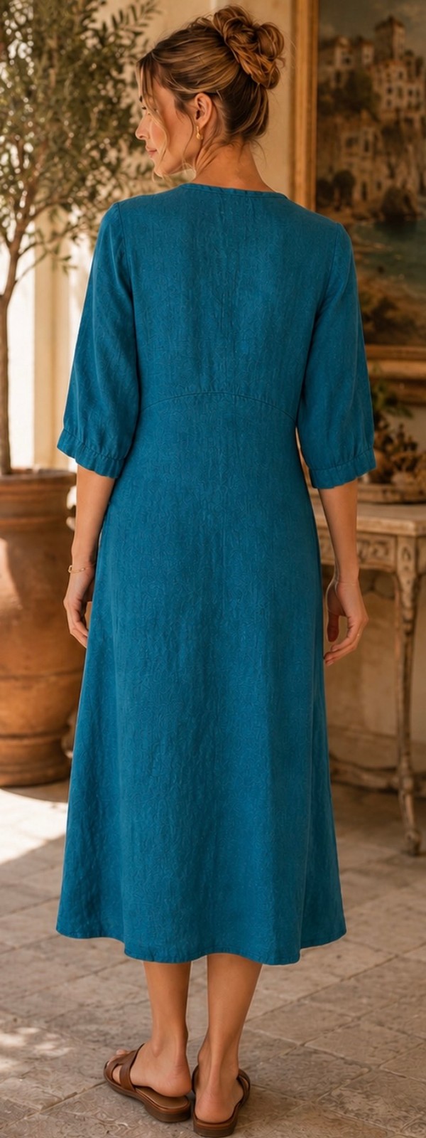Dressed in FLAX Midi Dress Size SP Teal Blue Linen 100% Linen