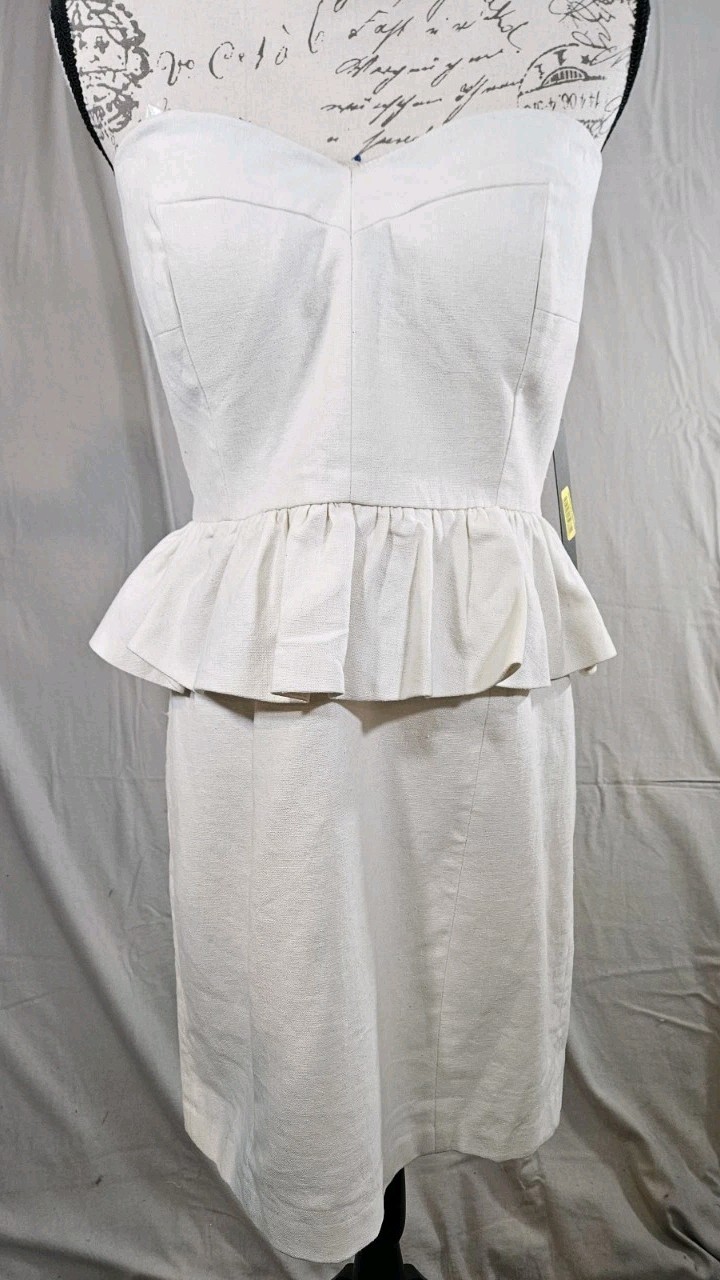 NWT! Aryn K Pep it Up Size Large Strapless Ivory Peplum Dress Linen Blend
