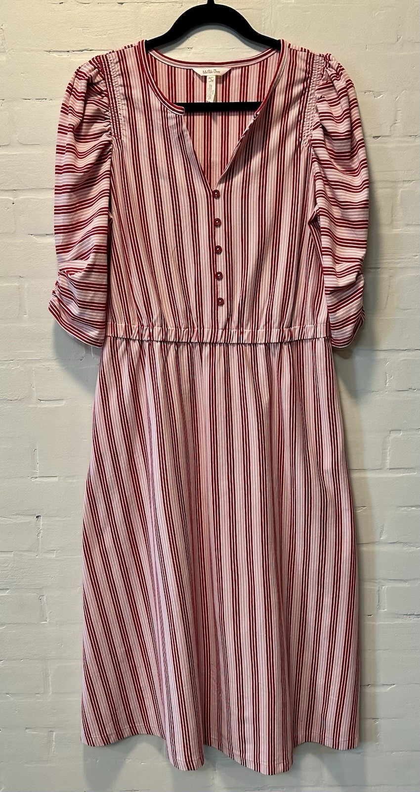 Matilda Jane Red Pink White Striped Midi Dress Puff Sleeve Cottagecore Size S