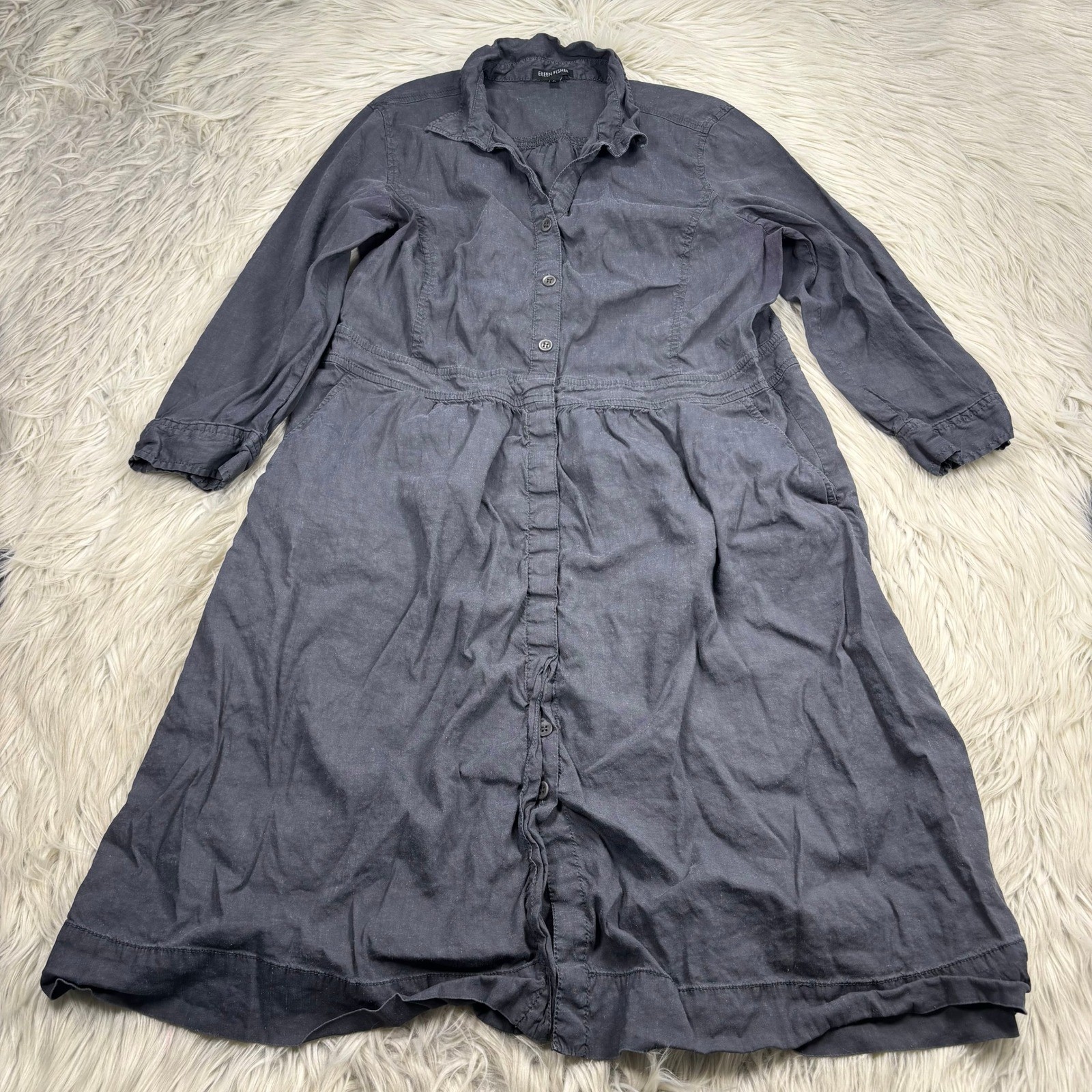 Eileen Fisher Women’s L Gray Linen Blend Button Front Shirt Dress