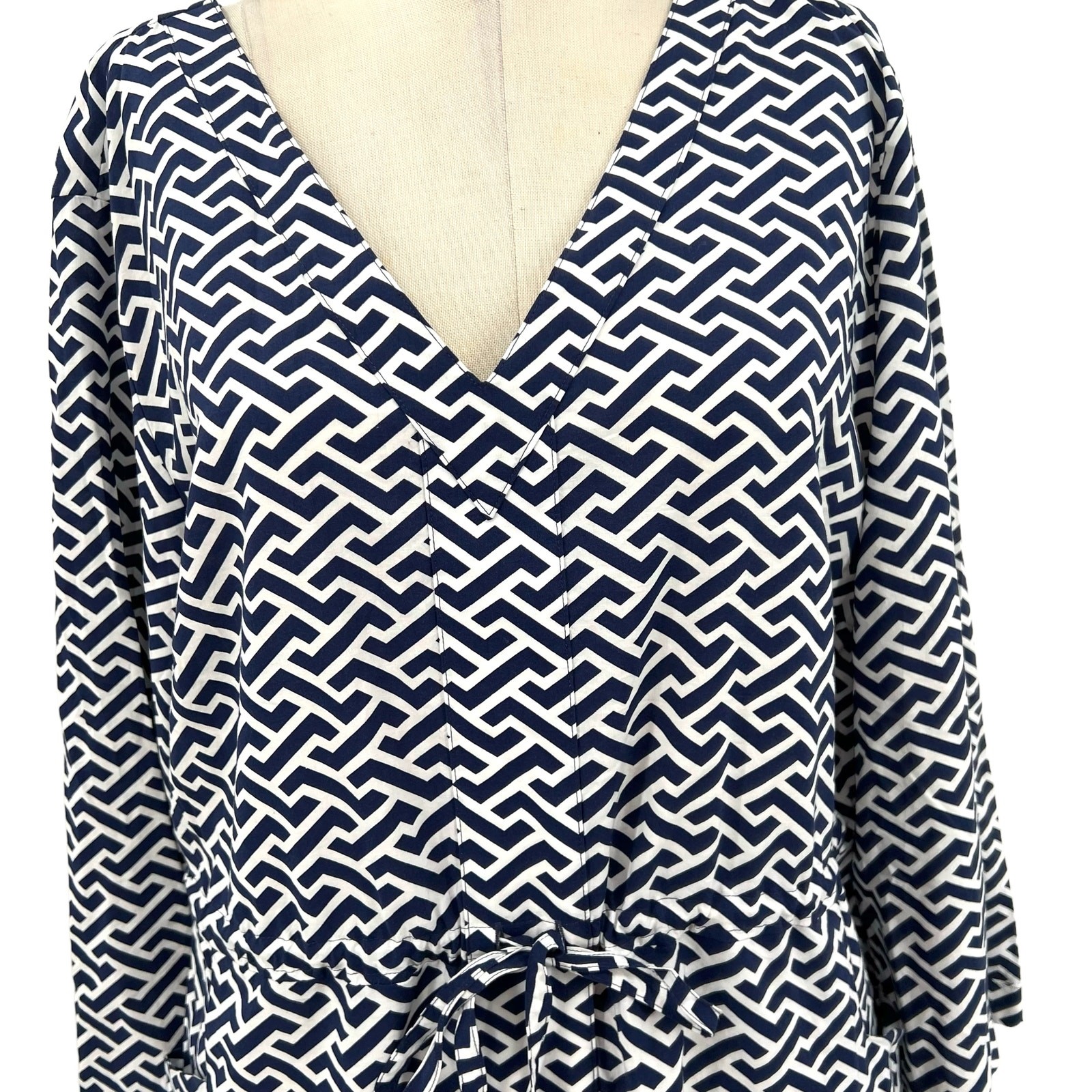 Peter Millar Navy Blue White Geometric Print Stripe Drawstring Dress Size XL