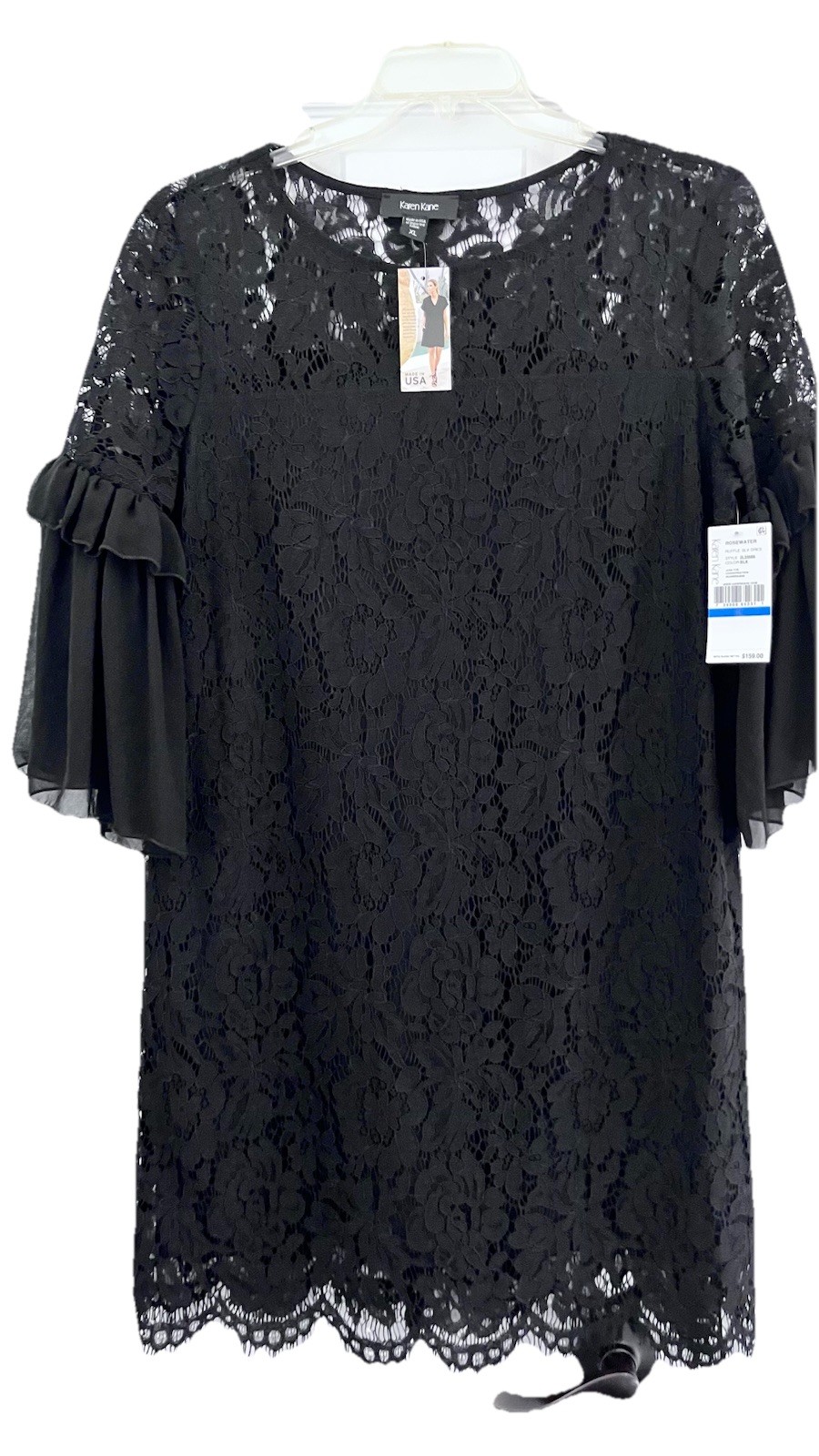 Karen Kane Women XL Black Lace 3/4 Ruffle Sleeve Knee Length Dress Lined Floral
