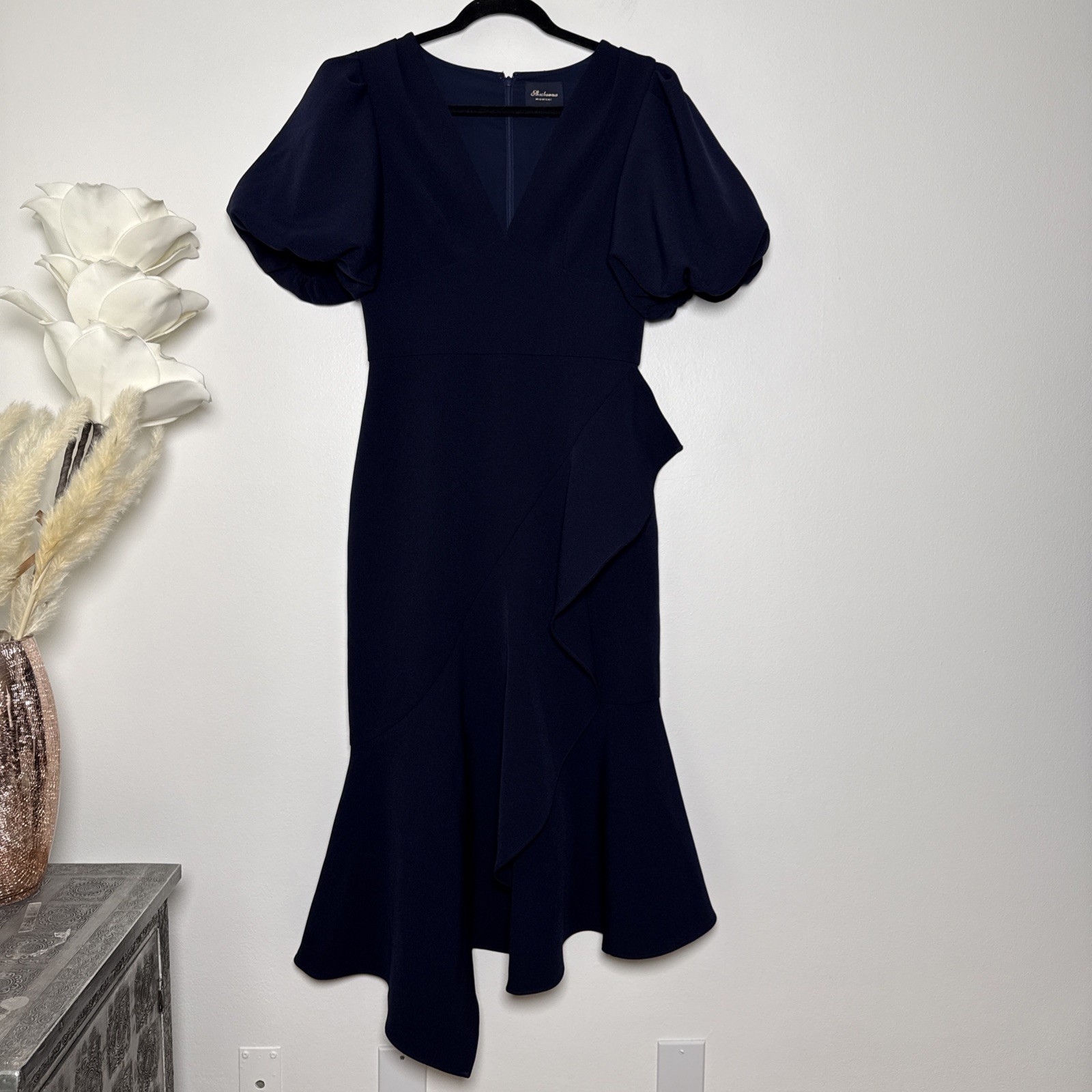 Shoshanna Midnight Bubble Sleeve Asymmetric Hem Midi Dress Size 4 Navy Ruffle