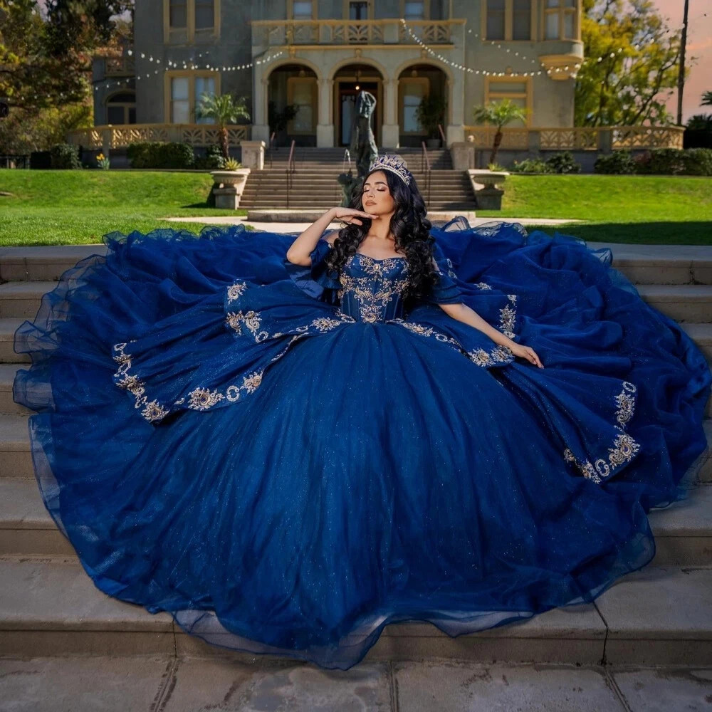 Navy Blue Princess Quinceanera Dresses Gold Applique Tiered Ball Gowns Sweet 16