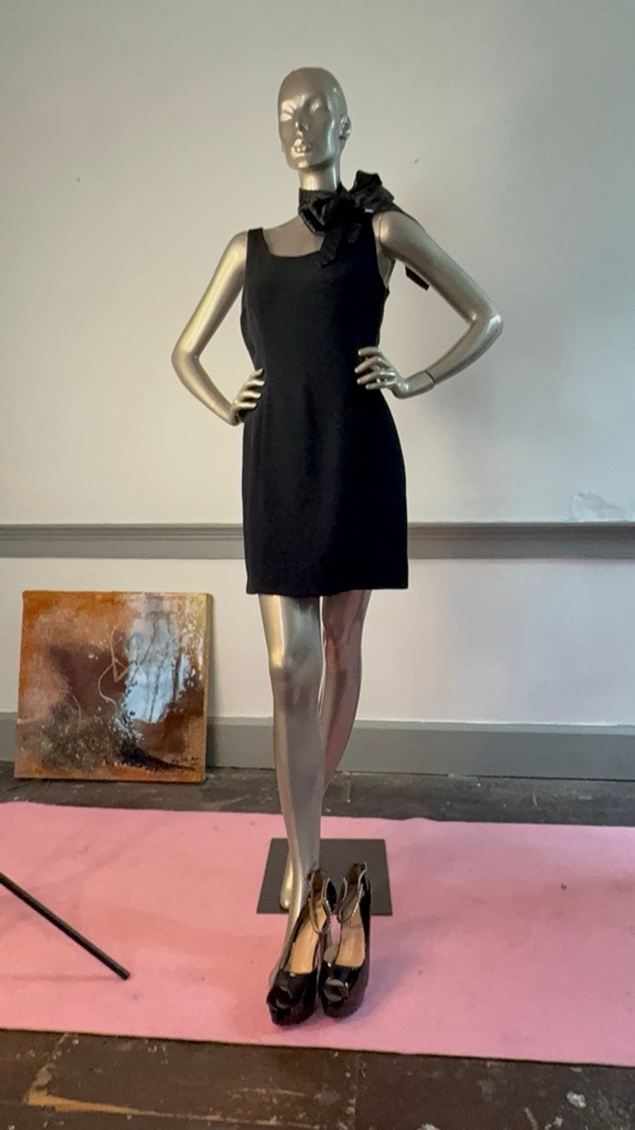 ABS Allen Schwartz Black Sheath Dress Size 10 Satin Side Panel Lined USA