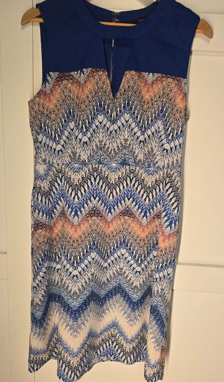 BCBGMAXAZRIA Womens 10 Blue Abstract Print Sleeveless Shift Dress Keyhole Neck