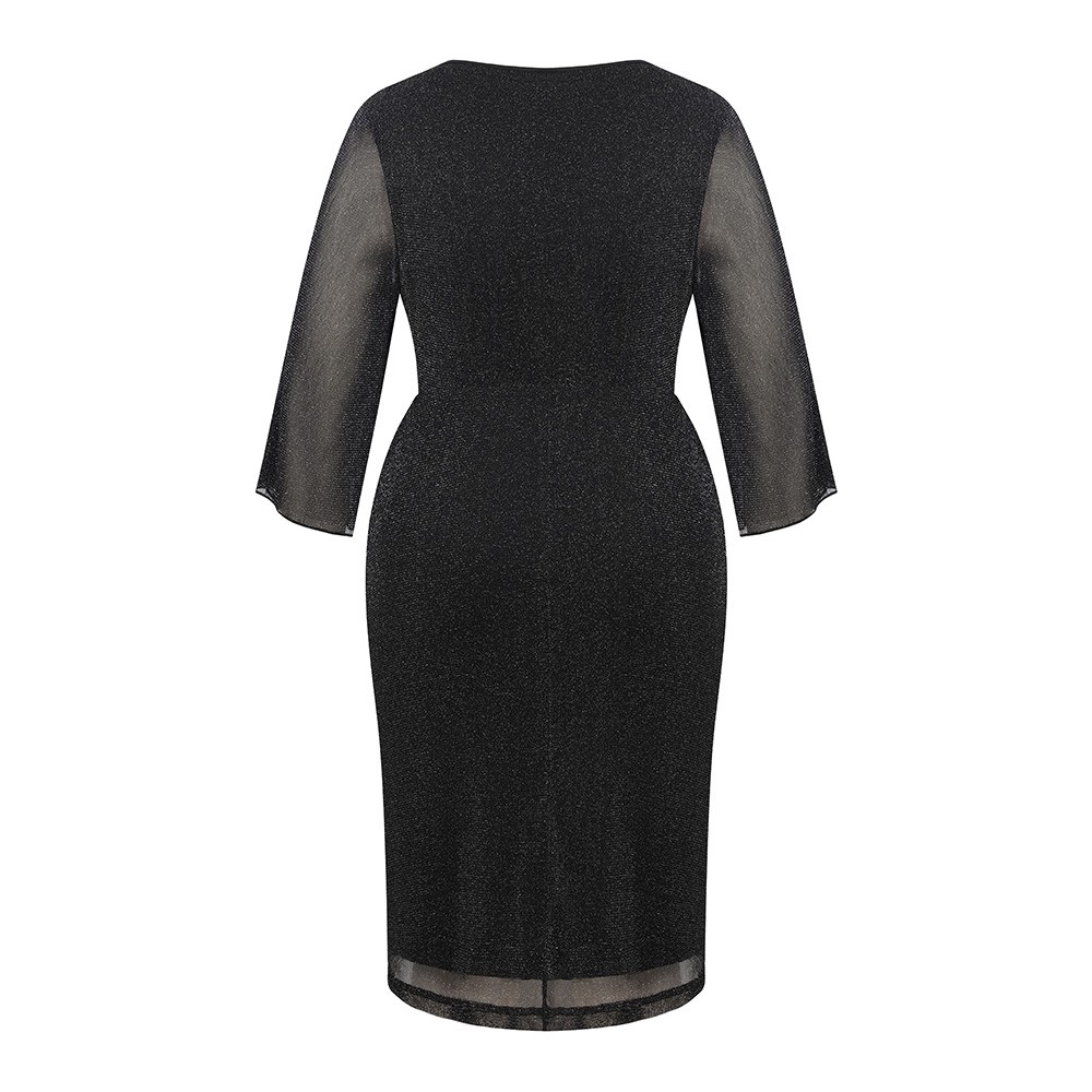 Womens Plus Size Mesh Cocktail Dress 3/4 Sleeve Round Neck Party Midi Dresses