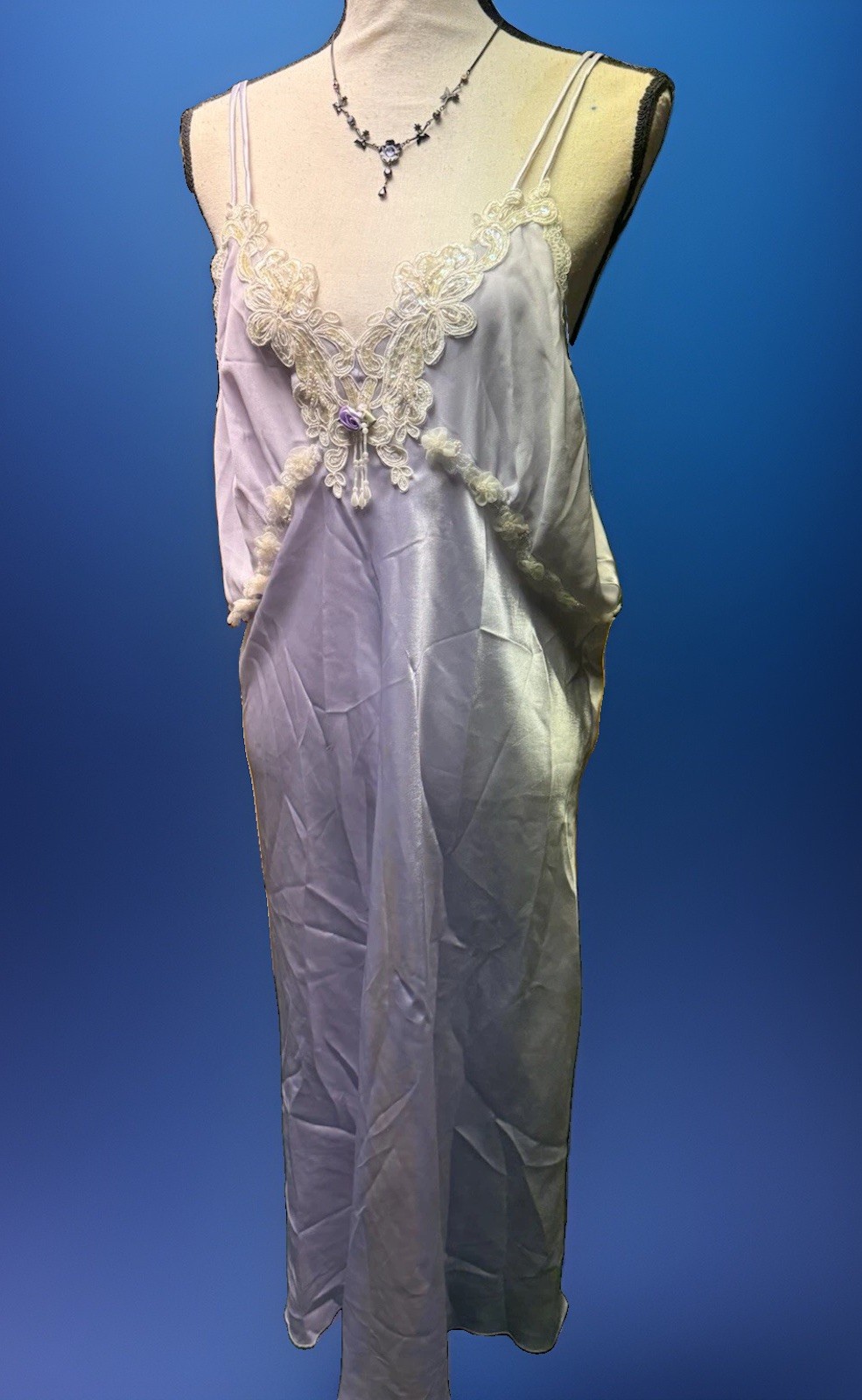 Vintage Purple Satin Slip Dress Maxi Fairy Beaded Lace Floral Sheer Babydoll XXL