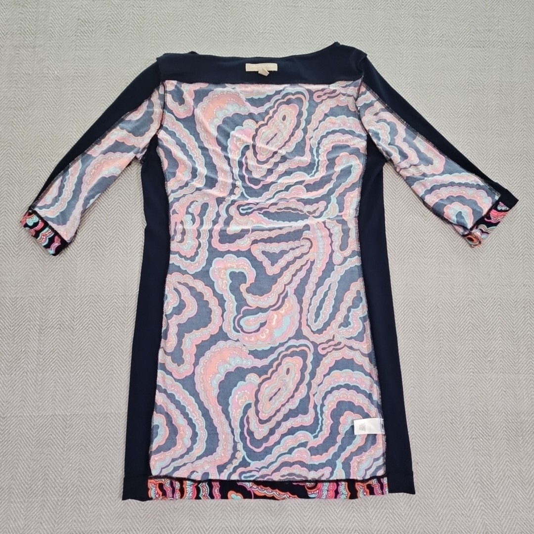 Banana Republic Navy Blue Paisley Sheath Dress Size Medium Stretch Boatneck Knee