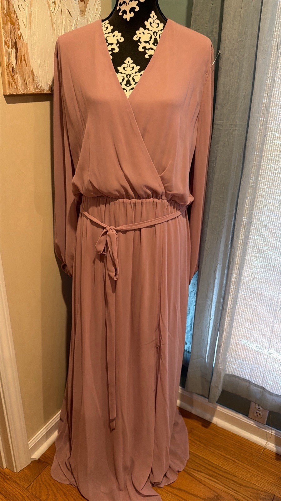 Womens Pink V-Neck Long Sleeve Solid Maxi Wrap Dress with Tie Belt