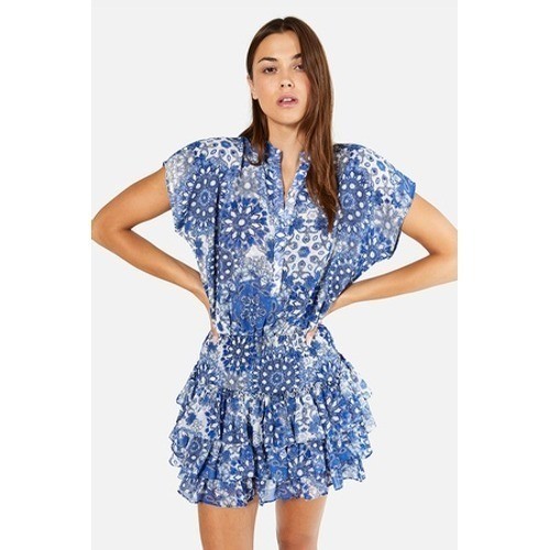 MISA Los Angeles Eloisa Blue White Tile Print Floral Tiered Ruffle Mini Dress XS