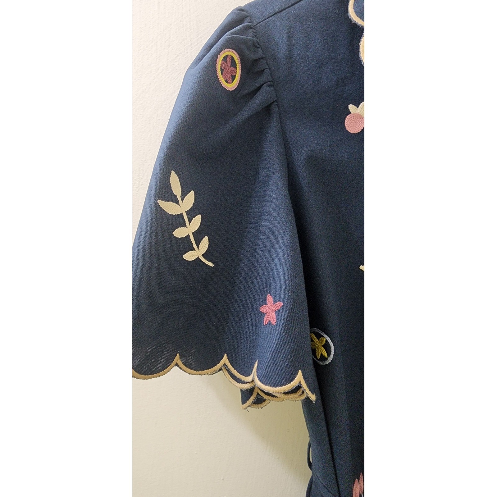 MABLE Navy Blue Embroidered Scalloped Linen Blend Mini Shirt Dress MD4896A M