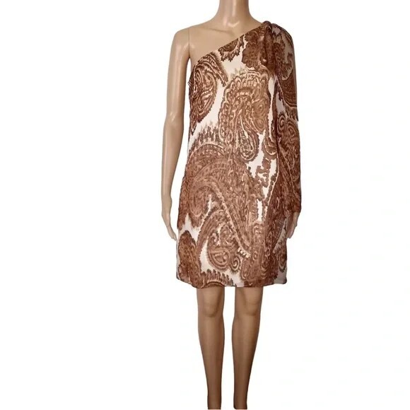 Milly One Women Dress Size 0 Cream Tan Paisley Print One Shoulder Flutter Sleeve
