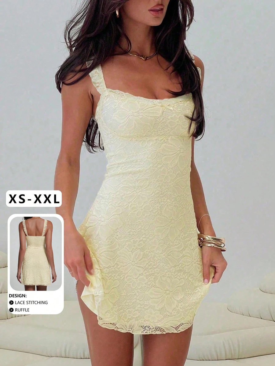 Elegant Lace Patchwork Mini Dress Backless Spaghetti Strap Zipper Party Slim