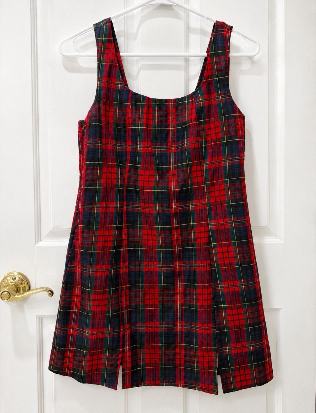 Red Black Plaid A-Line Mini Dress Scoop Neck Strappy Sleeveless Zip Size L