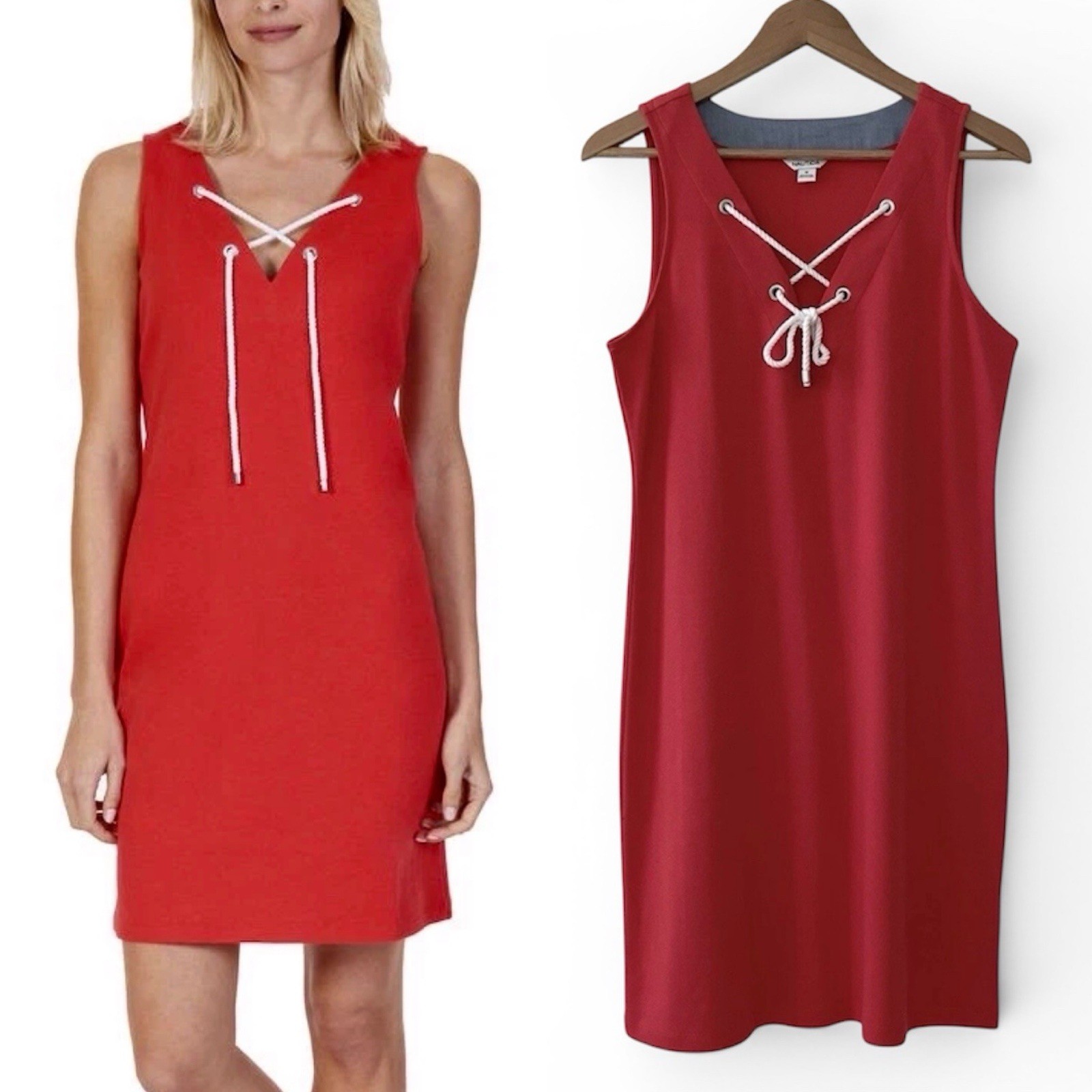 Nautica Women’s Size Medium Coral Tie V-Neck 100% Cotton Shift Mini Dress NWOT