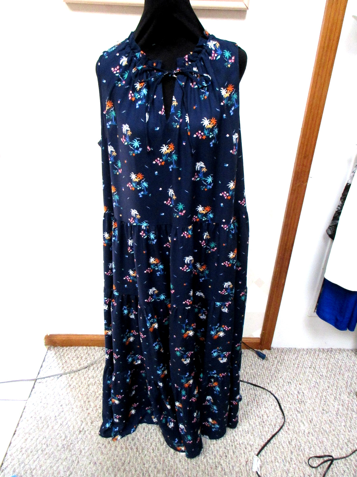 CROFT&BARROW-NAVY/MULTI-FLORAL-SLEEVELESS-TIE NECK-POCKET-MAXI DRESS-SIZE-XL-NEW