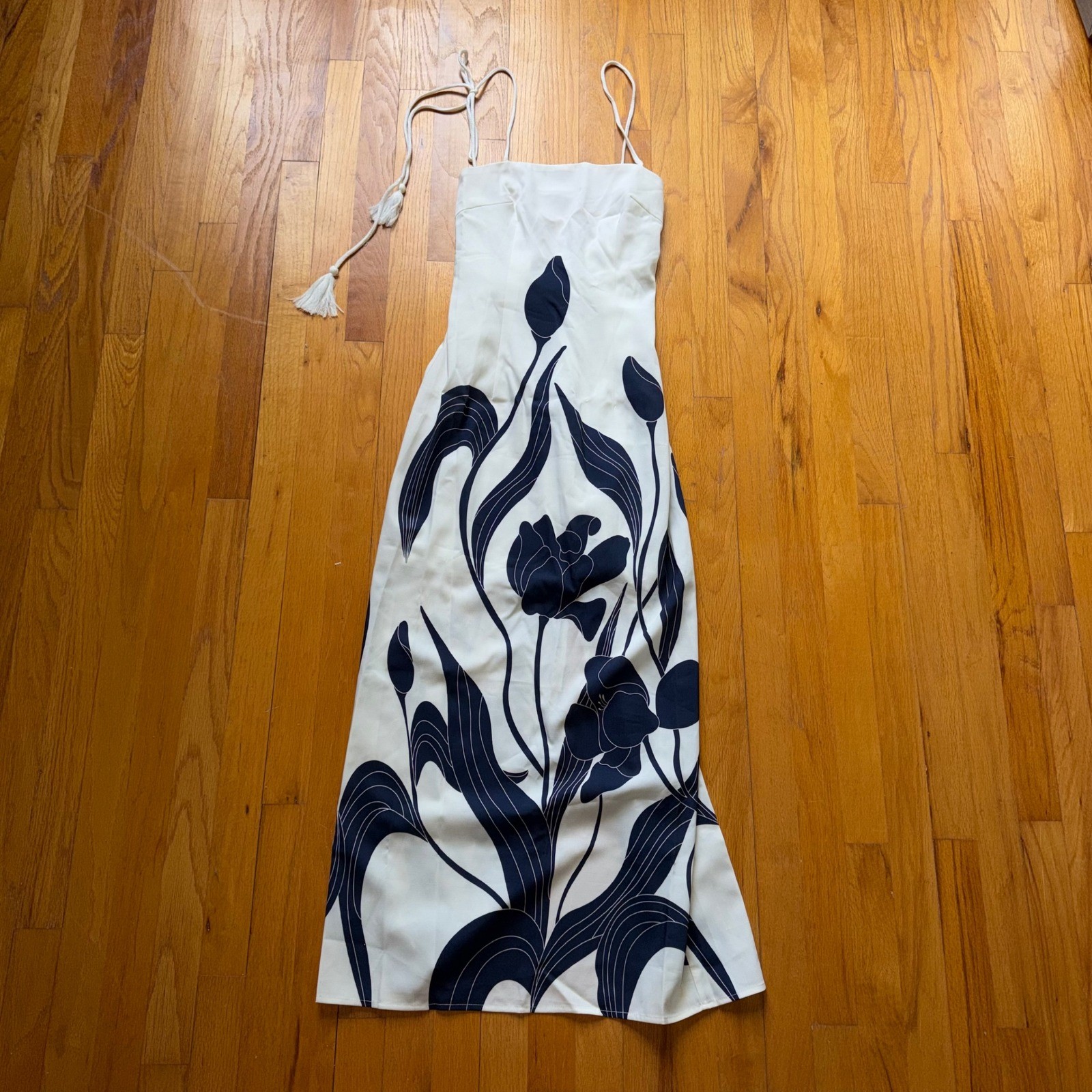 Commense White Navy Floral Tassel Strap Maxi Dress Square Neck Low Back M NEW