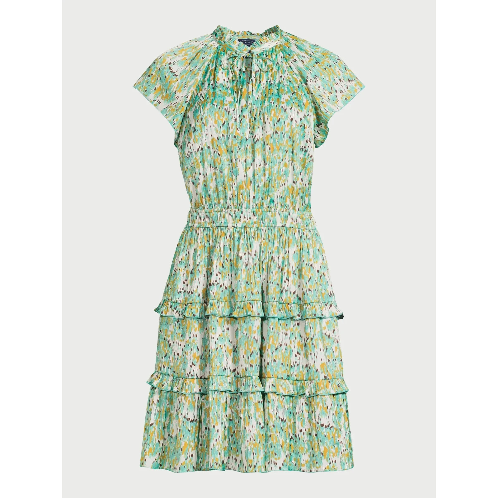 Scoop Womens Dress Sz XS Blurred Ikat Satin Ruffle Mini Cap Sleeve Cottagecore