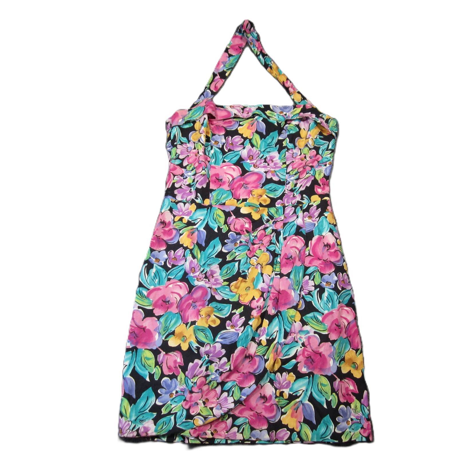 Vtg 90s Paris Blues Halter Mini Dress 9 Floral Colorful Bright Bodycon Summer