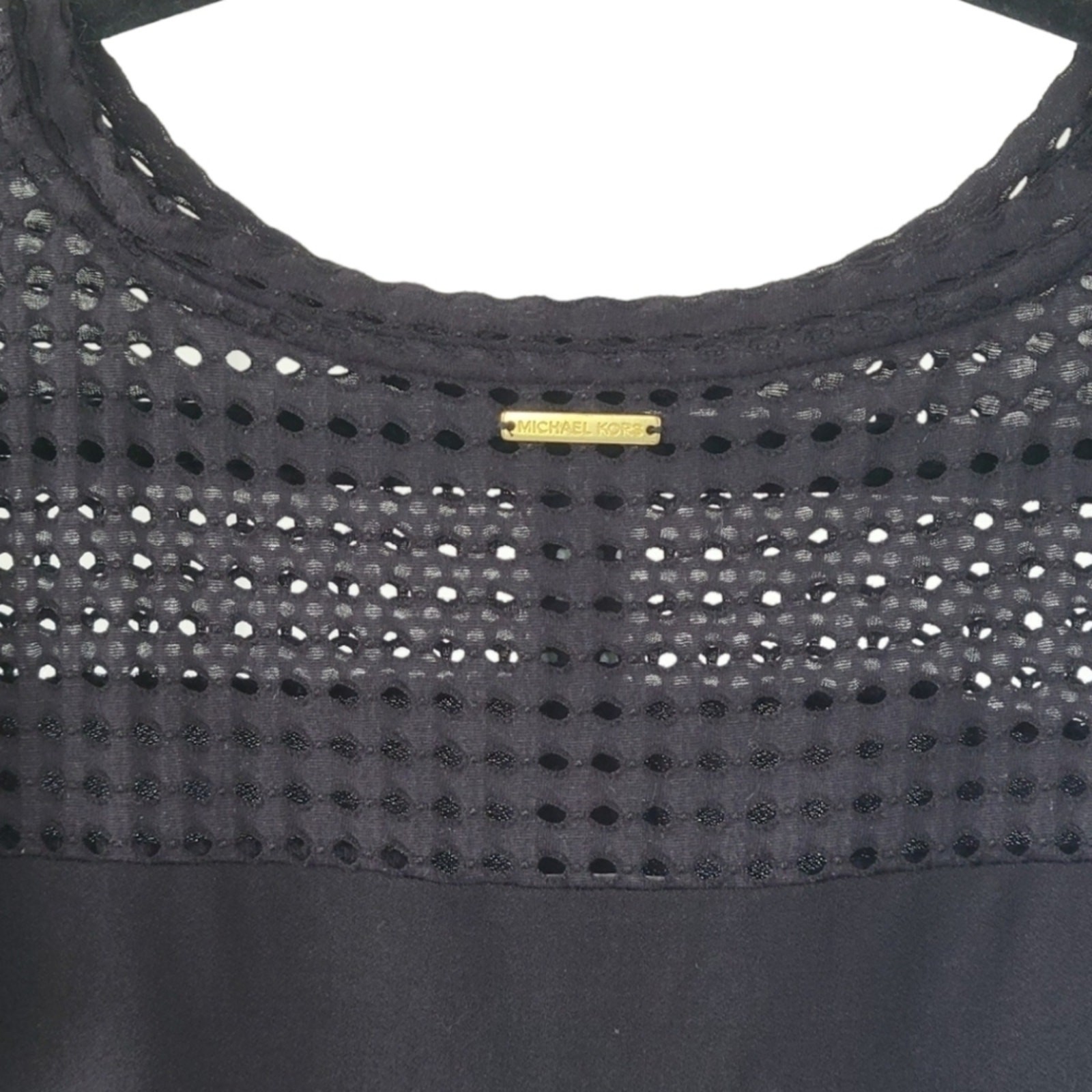MICHAEL MICHAEL KORS L Womens Shift Dress Flutter Sleeve Eyelet Crochet LBD