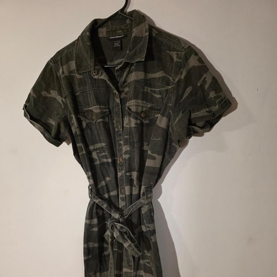 Ashley Stewart Camo Denim Shirt Dress Women 14/16 Camouflage Utility Belted