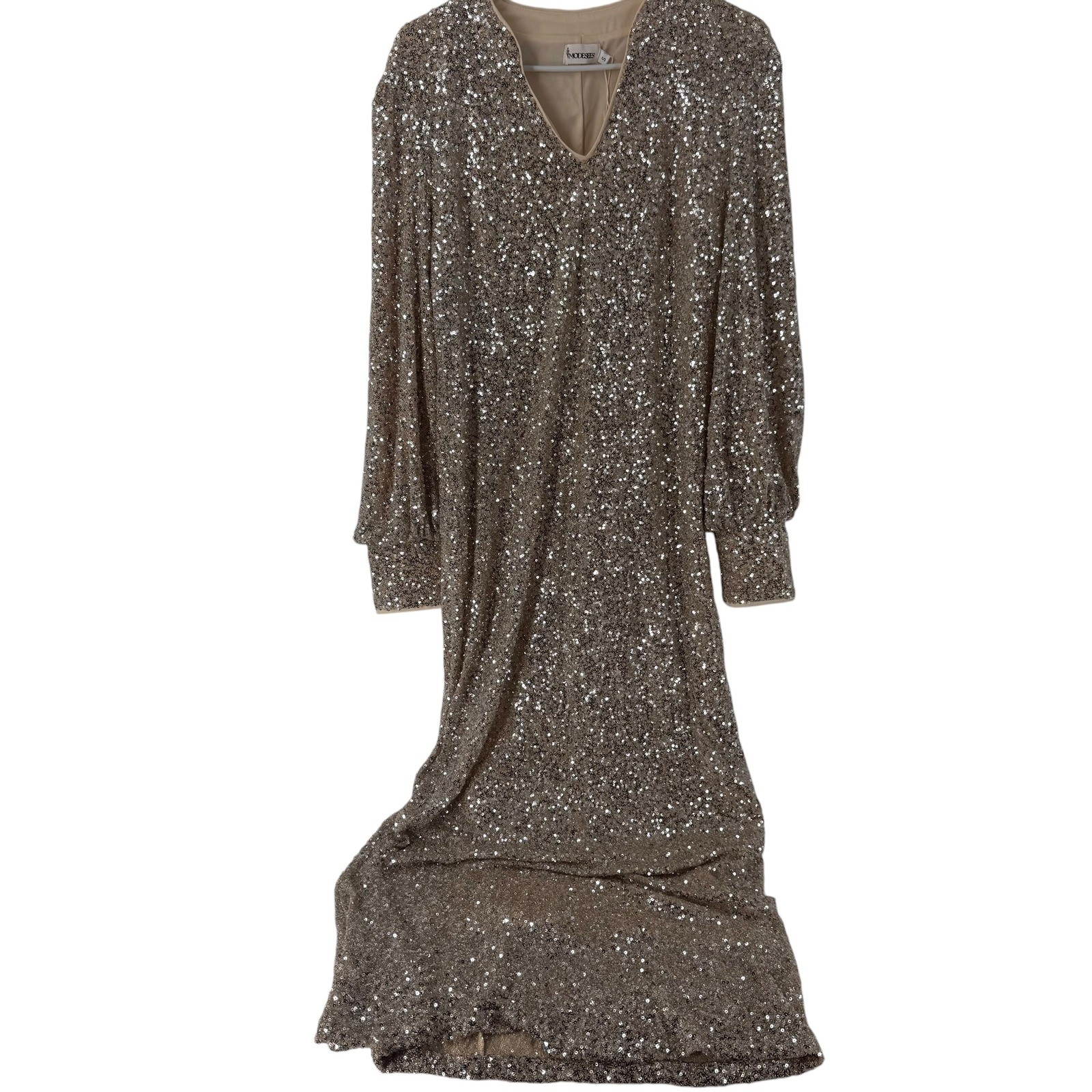 Modesees Women Champagne Gold Sequin Maxi Gown V-Neck Long Bishop Sleeve Size S