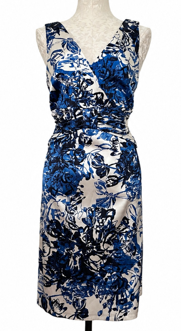 Kay Unger Silk Floral Sheath Dress Blue White Ruched Waist Size 12