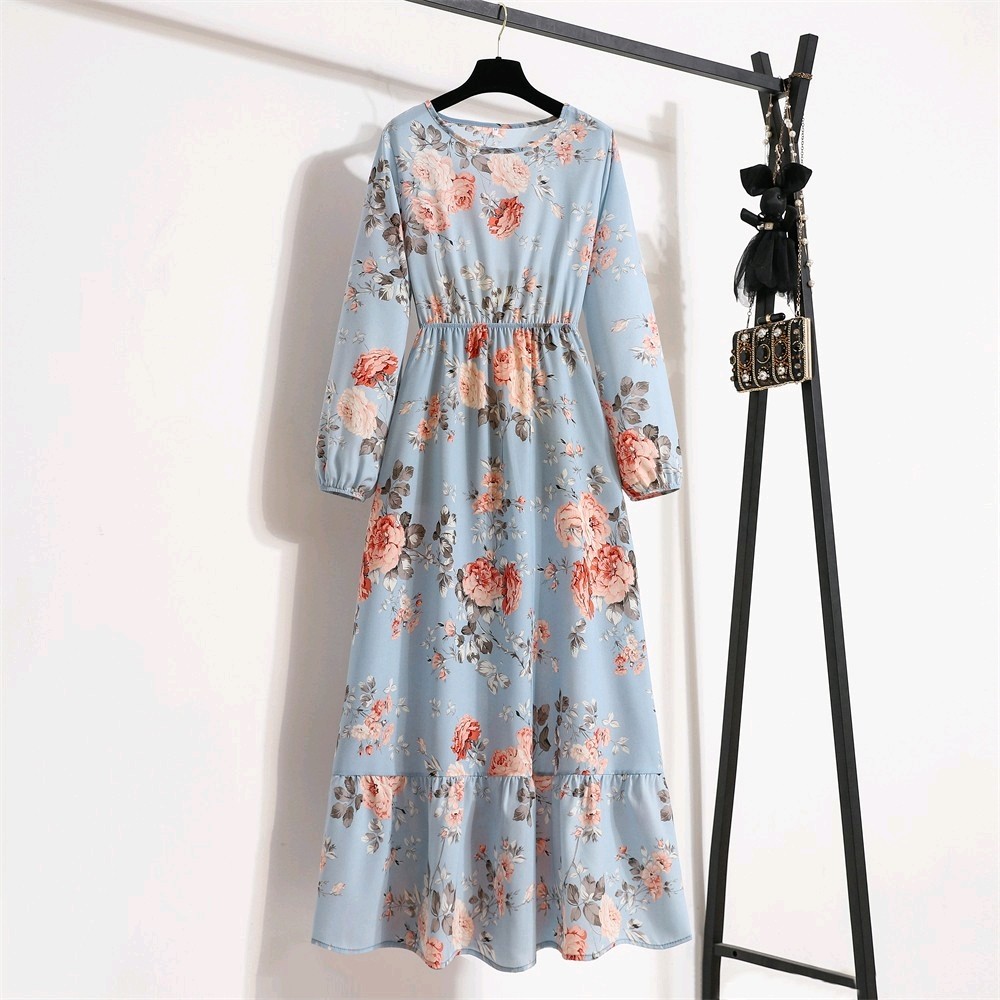 Spring summer Women Maxi dress Long sleeves Printed–M–Chest: 40 inches