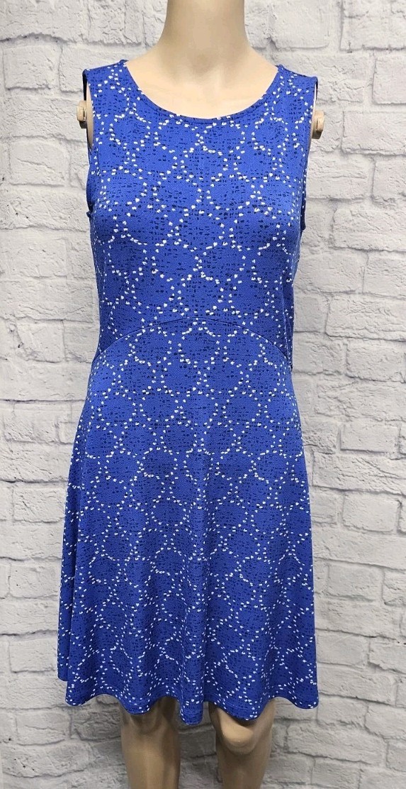 APT. 9 XS ROYAL BLUE WHITE BLACK GEO TANK FIT FLARE STRETCH DRESS