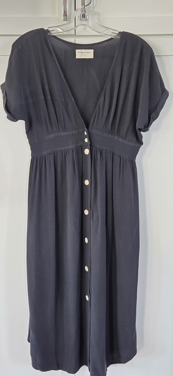 The Normal Brand Deep V Neck Button Thru Midi Dress Black Size Small
