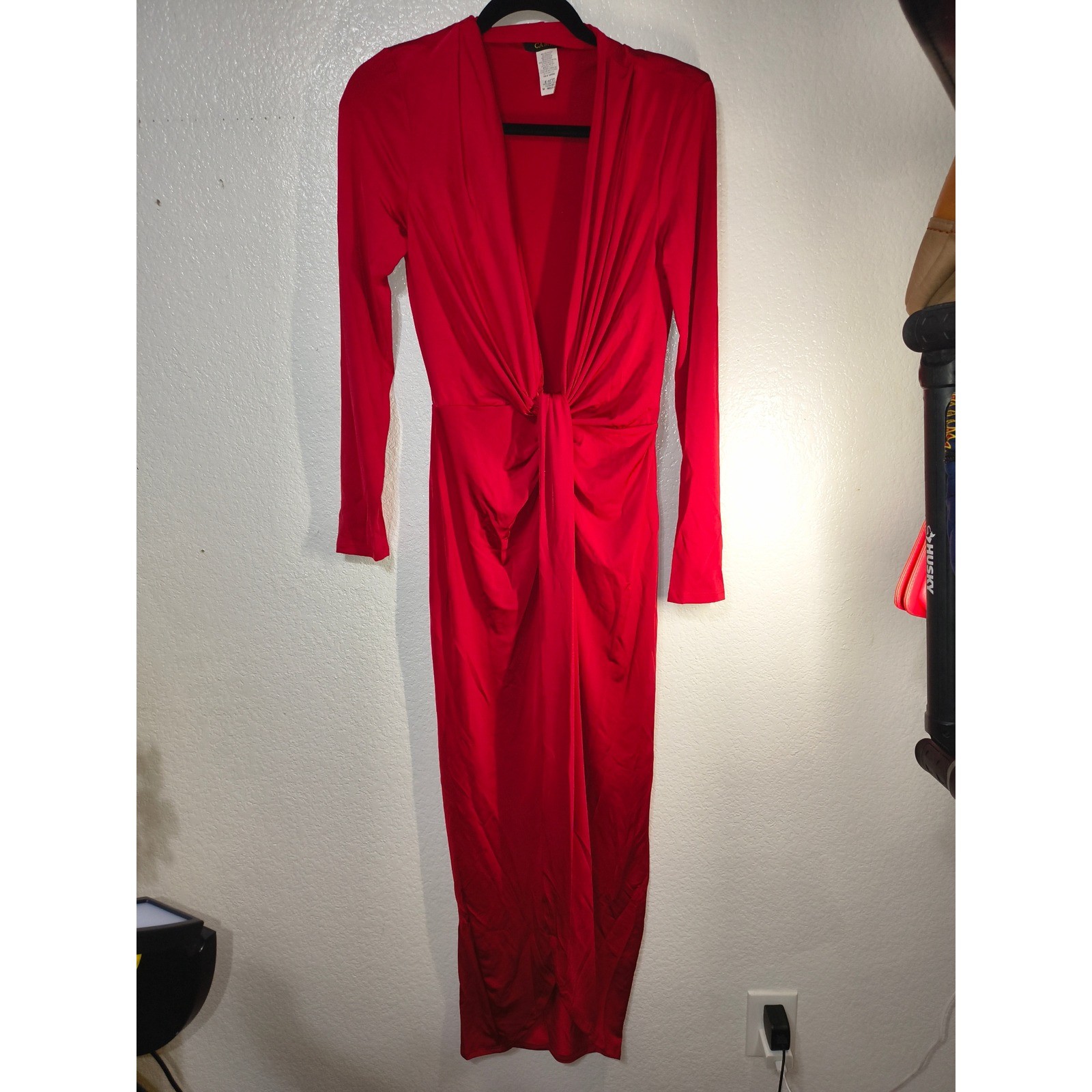 Cameo Red Deep V-Neck Knot Front Long Sleeve Maxi Dress C3436 Womens Medium (15)