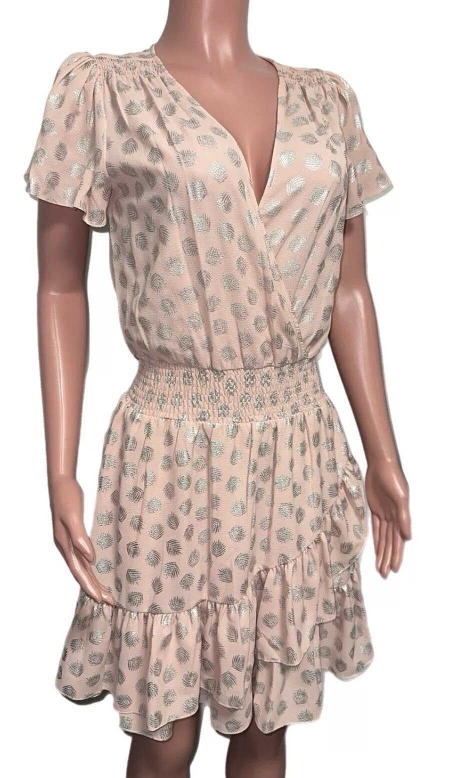 Michael Kors S Wrap Ruffled Flutter Sleeve Smocked Rosewater Silver Print Dress