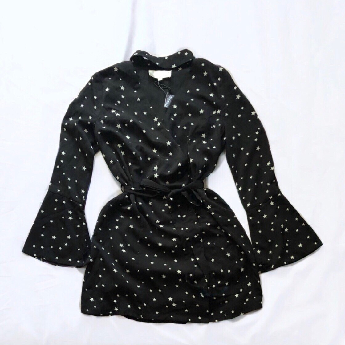 J.O.A Black Long Sleeve White Start Print Cutout Wrap Choker Dress Size Small