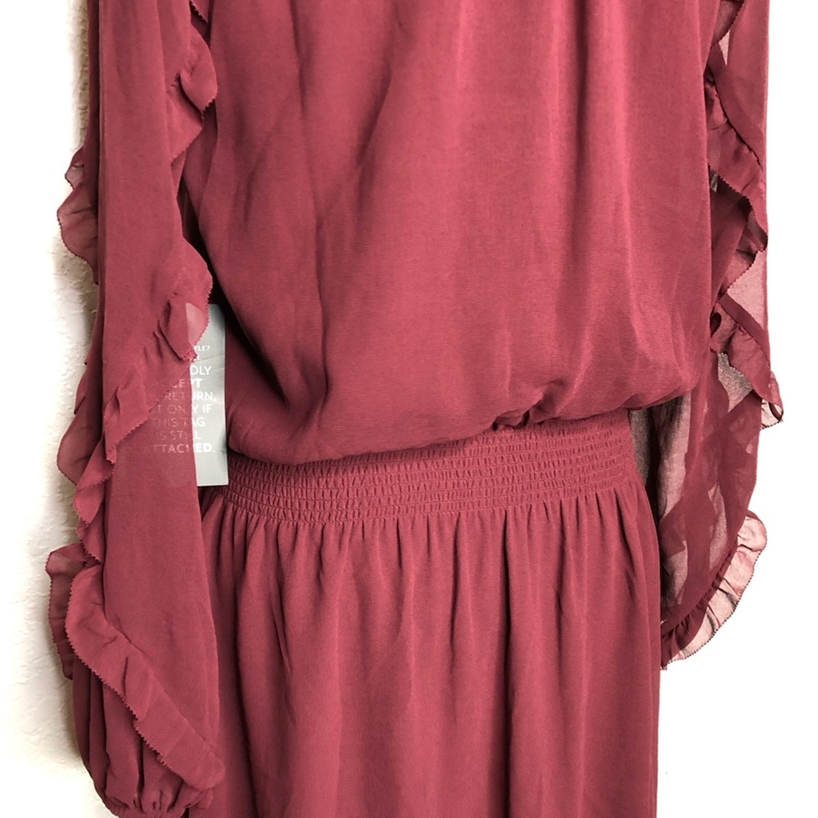WHBM maroon wine sheer overlay ruffle trim blouson dress size Small NWT