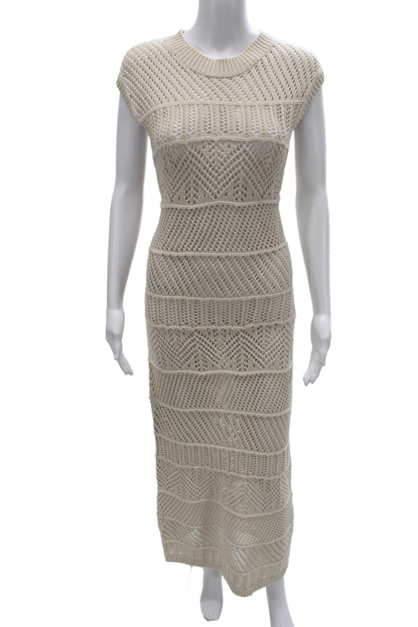 MNG Womens Beige Maxi Sweater Dress Bohemian Geometric Crew Neck Size 10