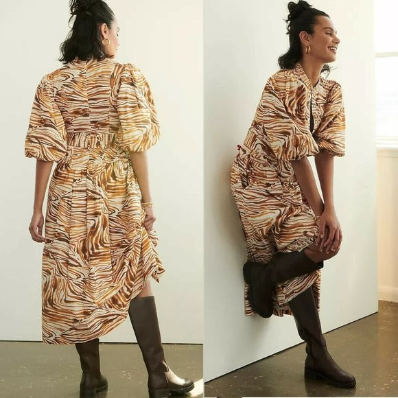 Anthropologie Honey Puff-Sleeved Midi Dress size S new brown color cotton