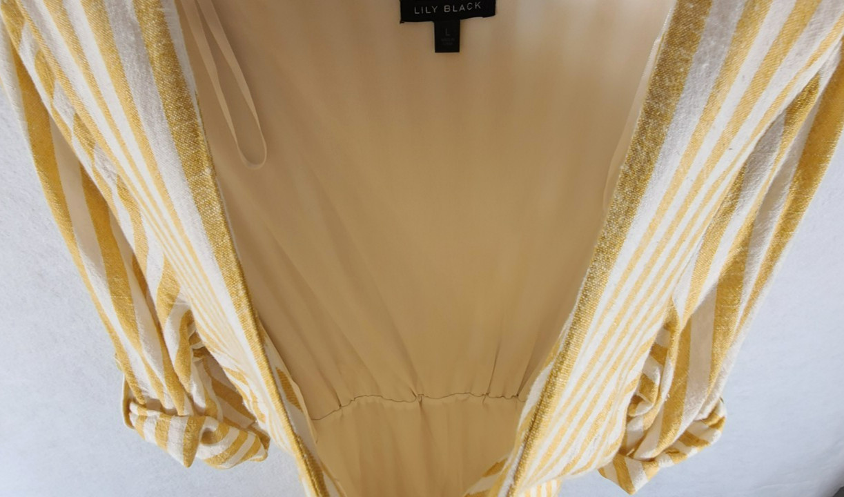 Lily Black Wrap Dress Midi Yellow White Stripe Lined Button Womans Size Large
