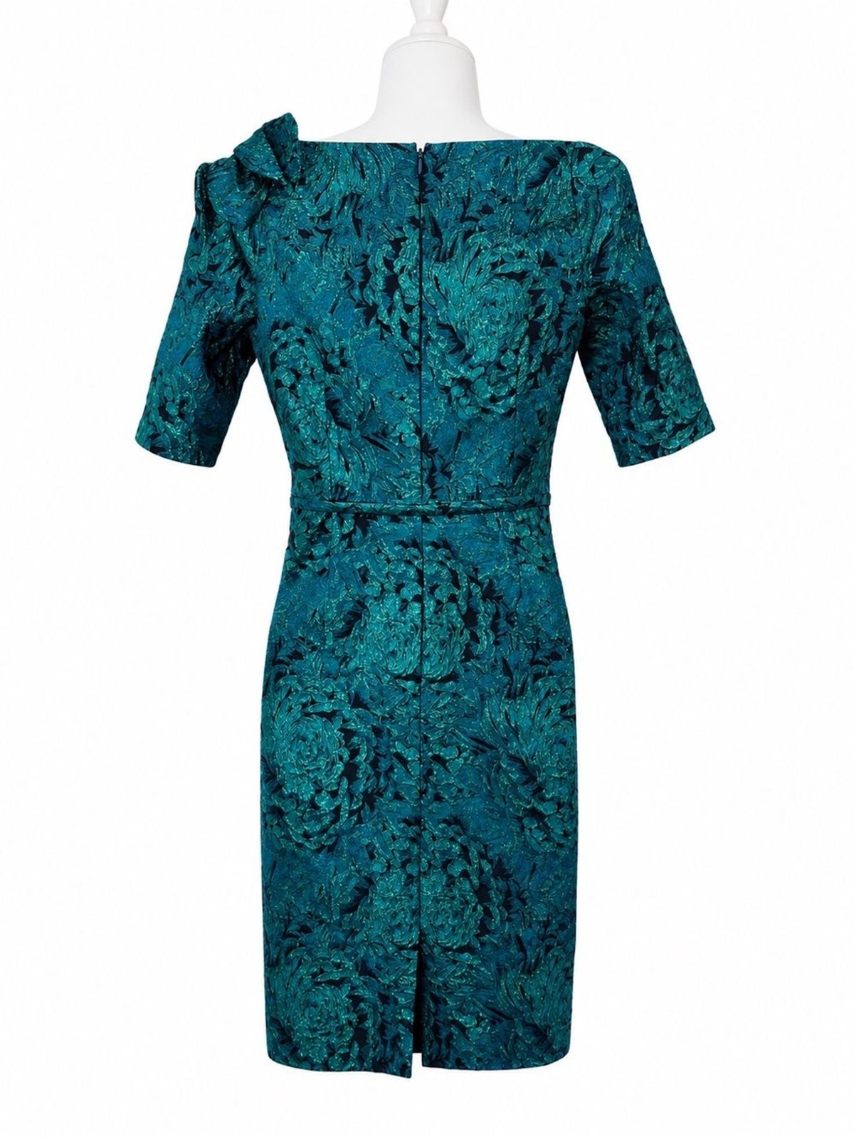 Teri Jon Rickie Freeman Teal Metallic Floral Jacquard Bow Shoulder Sheath Dress