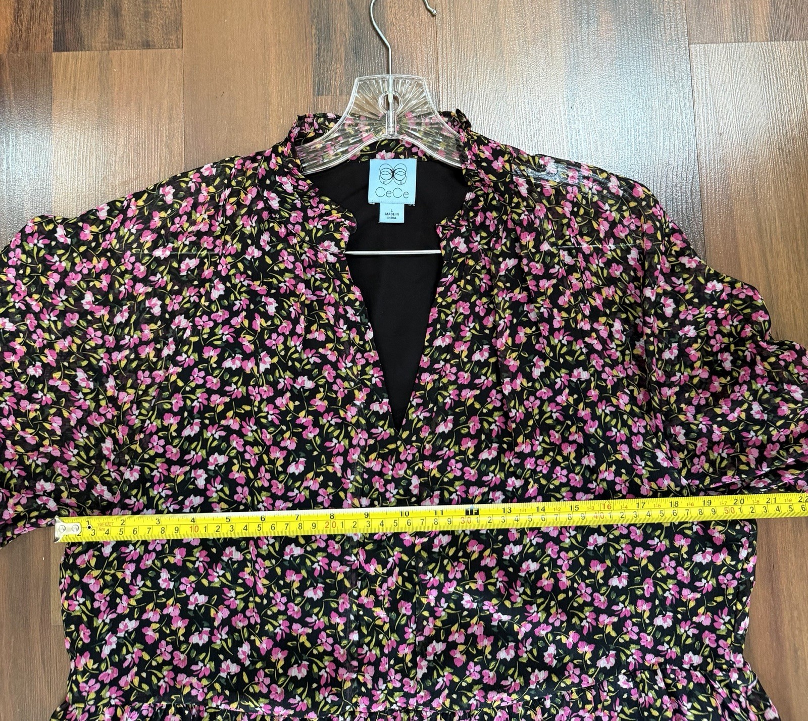 CeCe Floral Tiered Mini Dress Large Pink Black Puff Sleeve Ruffle V-Neck Boho