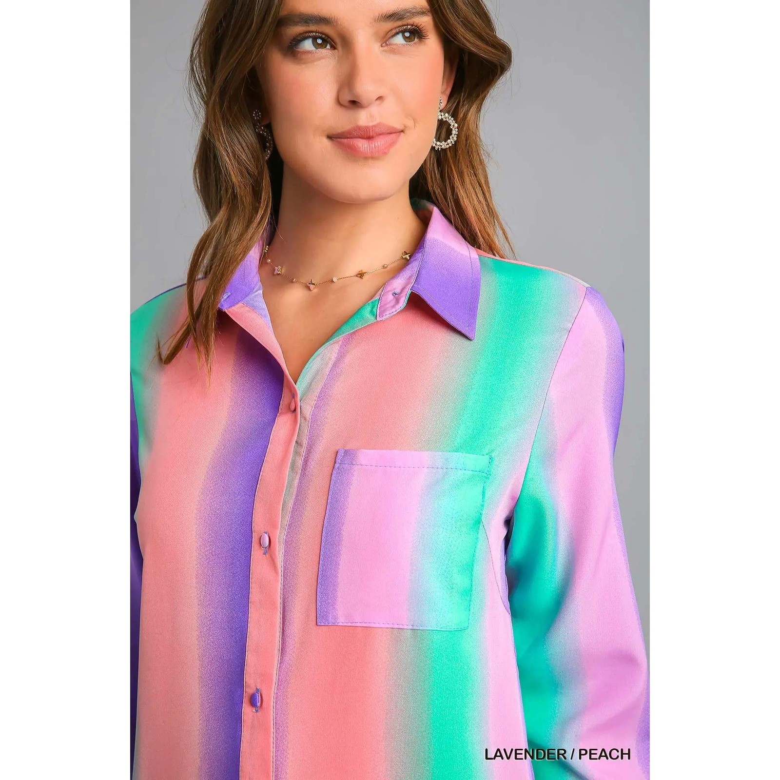 Lavender Peach Ombre Striped Button Down Shirt Dress Roll Tab Sleeve High Low
