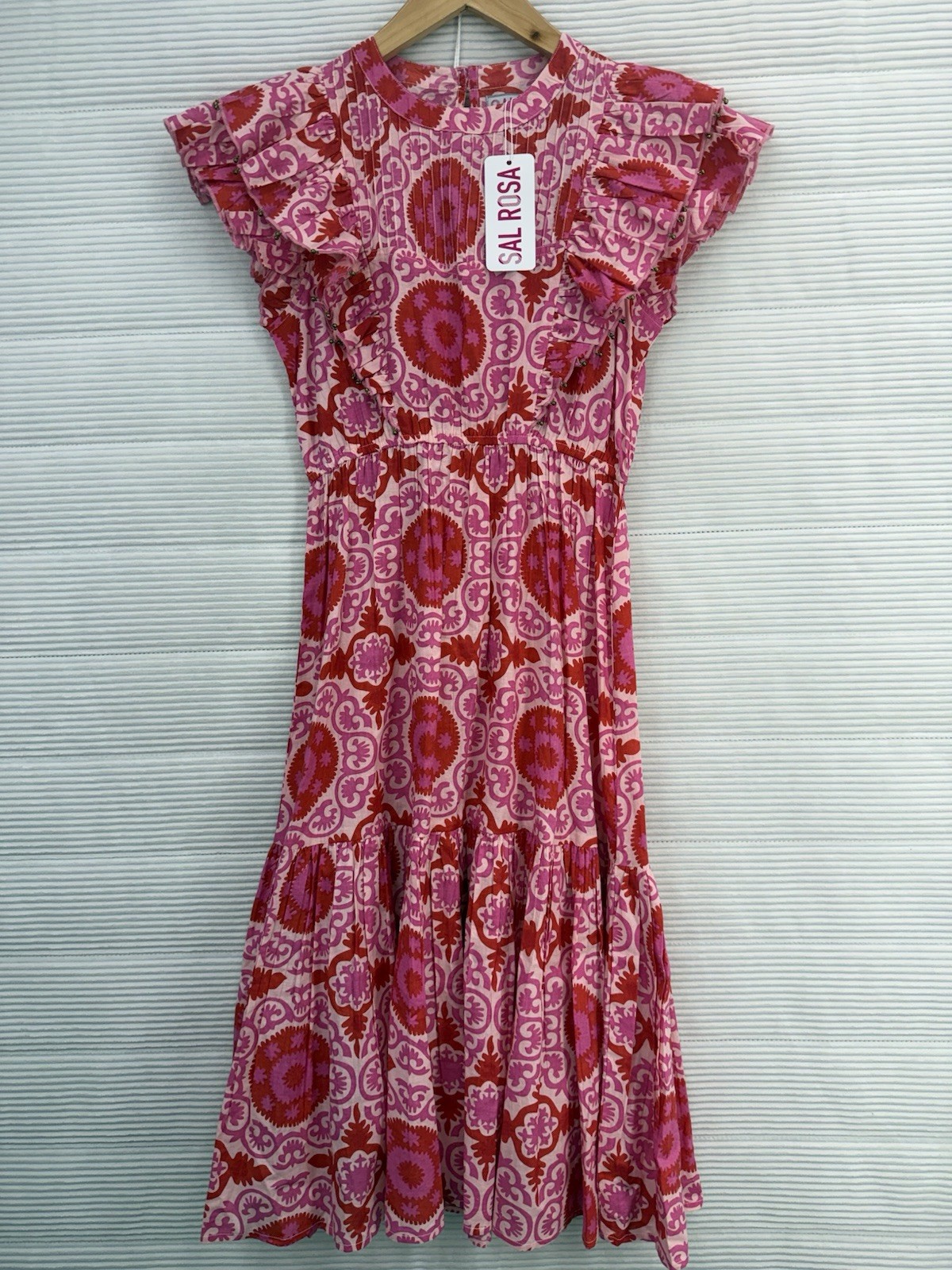 Sal Rosa Ruffle Flutter Sleeve Cotton Midi Vibrant Dress Pink Red Size 10