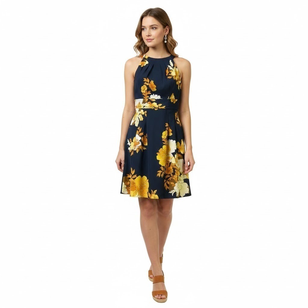 db established 1962 Floral Dress SZ 4 Navy Yellow Halter Fit Flare Pockets Knee