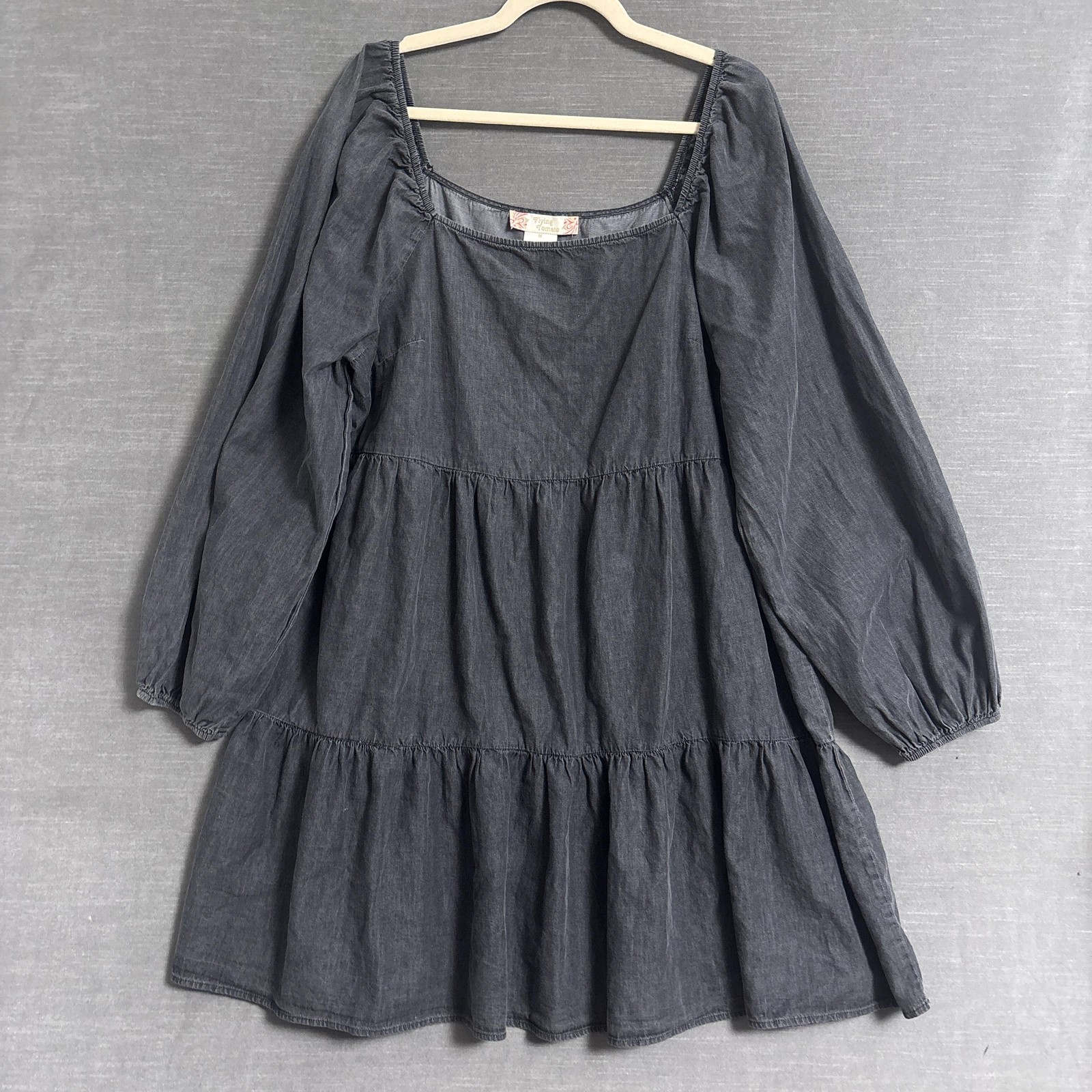 Flying Tomato Dress 1X Gray Boho Balloon Sleeve Tiered Grunge Cottage Peasant