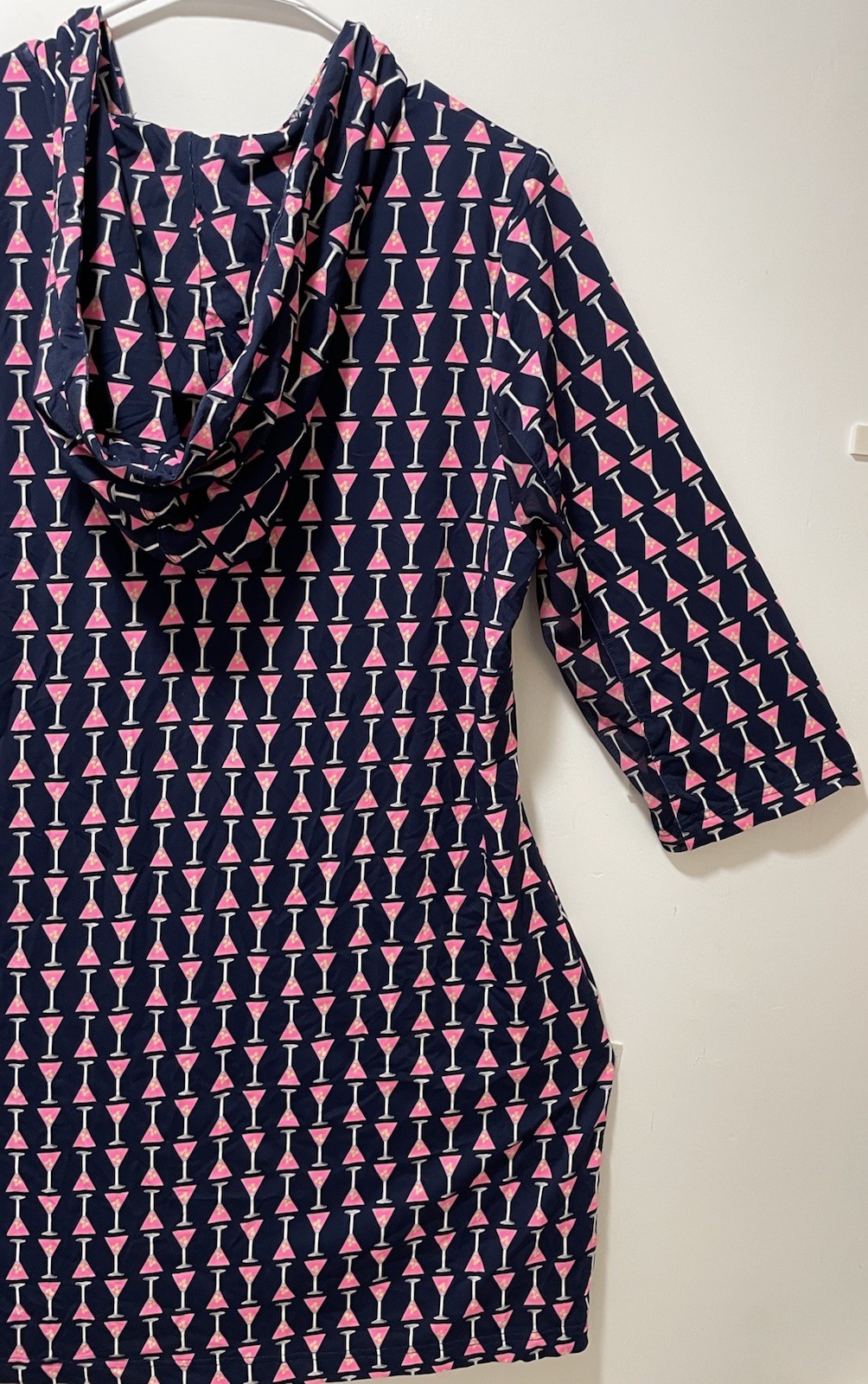 Beachtime Navy Pink Geometric Shift Dress Hood Button Collared Pockets XL