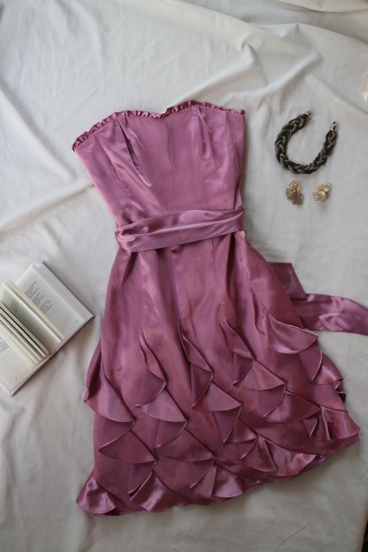 Next Pink Satin Strapless Ruffle Cocktail Sheath Midi Dress UK 12 US 8