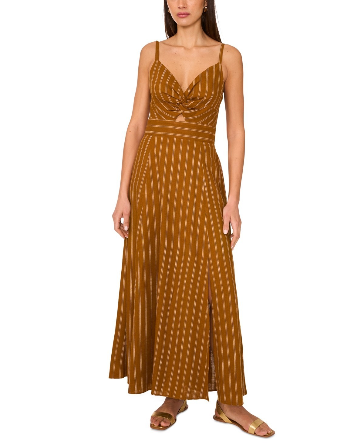 1.STATE Linen Blend Printed Twist-Front Sleeveless Maxi Dress Womens L Sunflower