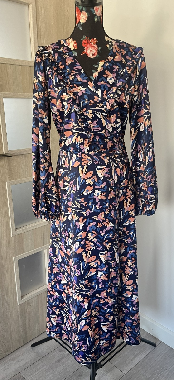 Little Mistress London Floral Wrap Midi Dress UK 14 Navy Long Sleeve Ruffle