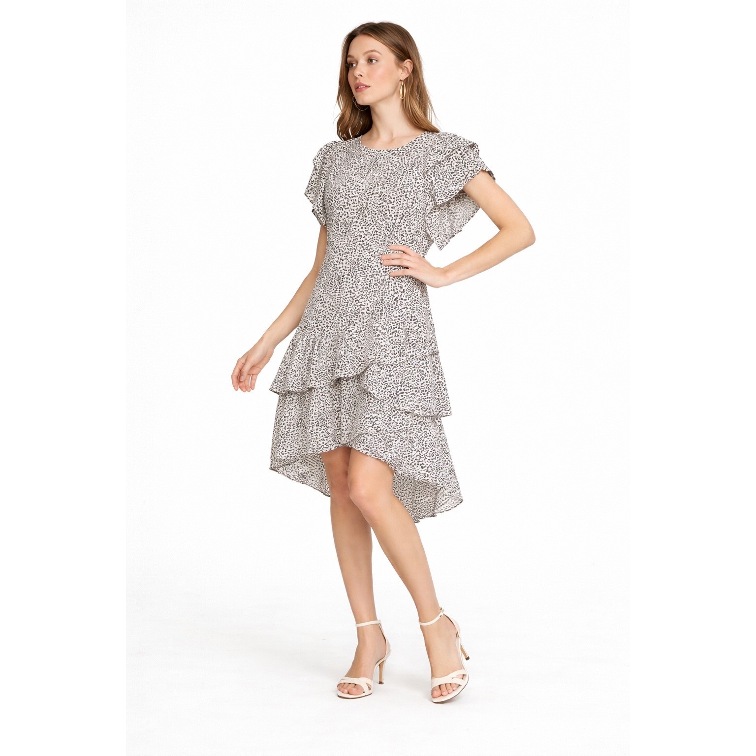 Who What Wear Women Leopard Print Ruffle Tiered High Low Dress S/M Pink Black