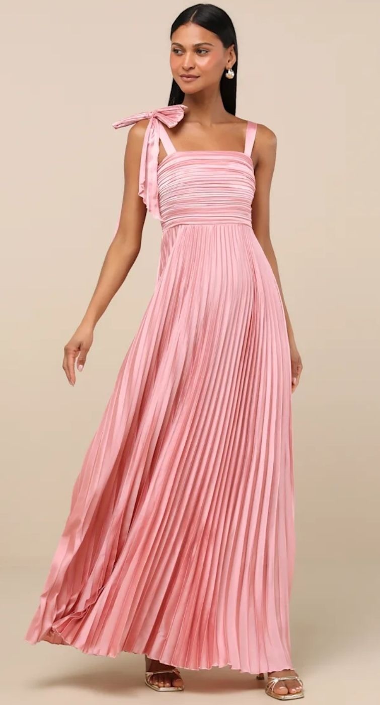 Lulus Gorgeous Purpose Pink Satin Pleated Sleeveless Bow Maxi Dress Size Sm NWT!